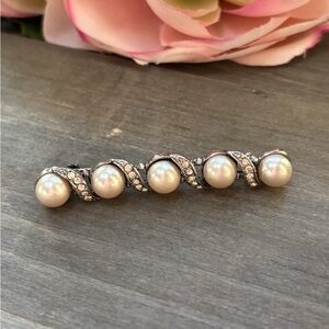 Elegant Silver Bar Brooch Pin With Faux Pearls Scrolled Rhinestones Crystals